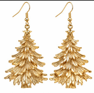 Gold Flocked Christmas Tree Statement  Earrings