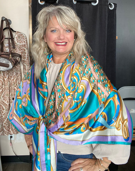 Abstract Pattern Printed Oblong Silky Satin Scarf Shawl Blue