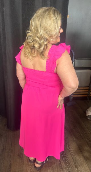 Sleeveless Midi Length Dress with Smocked Bodice