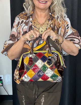 Genuine Leather Everyday Patchwork Multi Color Satchel Purse