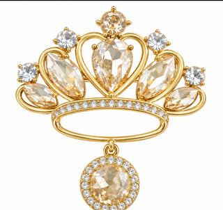 Sparkling Gold Crown Brooch with Champagne Crystals Pin Pendant