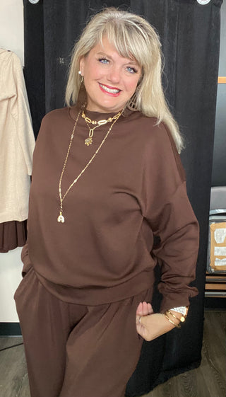 Plus Size Offset Notched Mockneck Pullover Sweatshirt Top Espresso