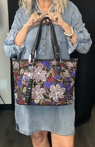 Faux Leather Floral Rhinestone Multi Color Tote Purse