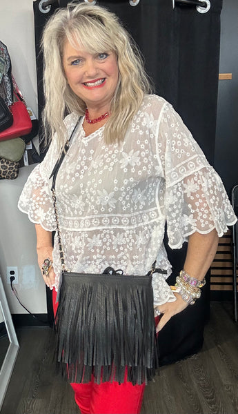 Black Fringe Faux Leather Crossbody Bag Purse