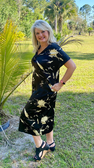 V neck Water Color Print Satin Dress