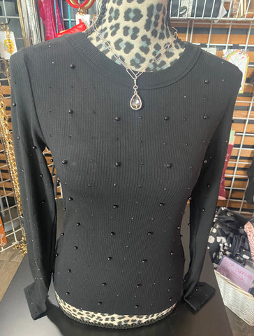 Round Neck Long Sleeve Pearl Top Black