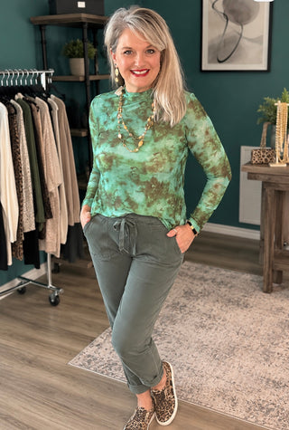 Green Marble Mock Neck Mesh Top