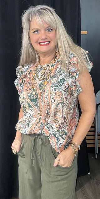 Paisley Floral Print Blouse Ruffle Sleeve Top