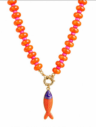 Orange Beaded Fish Charm Necklace