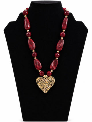 Burgundy Beaded Heart Pendant Necklace
