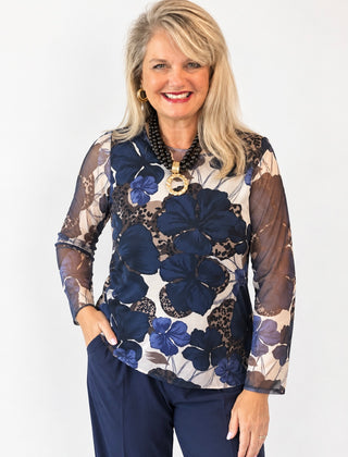 Midnight Bloom Blue Mesh Top
