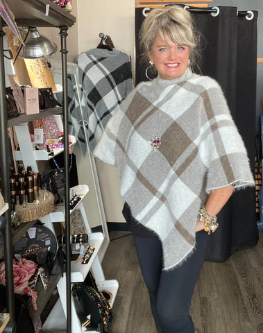 Brown White Plaid Pull Over Poncho