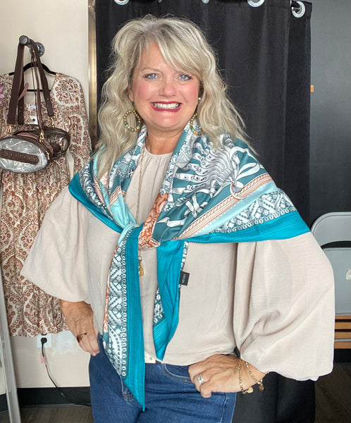 Large Baroque Style Silk Square Scarf Turquoise