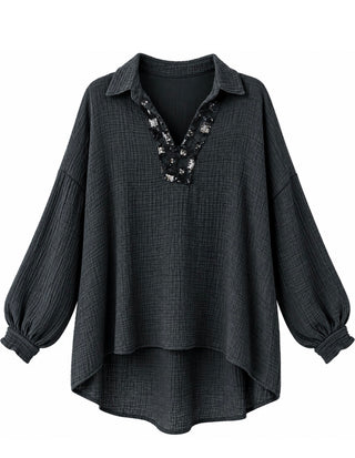 Made in Italy Sequin Trim High Lo Black Tunic Top