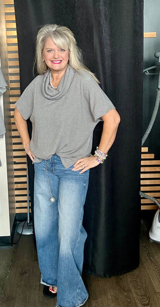 Short Sleeve Cowl Neck Poncho Top Heather Grey