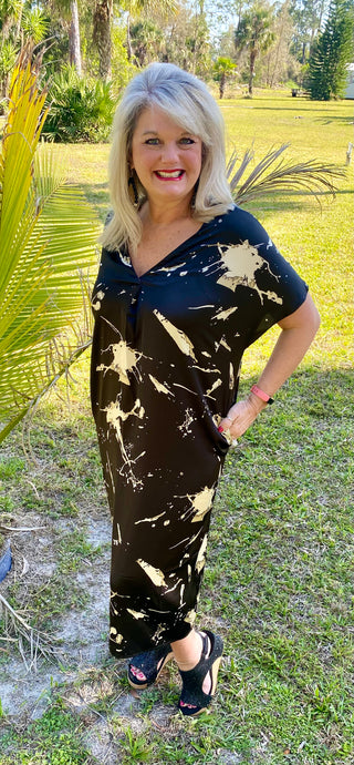 V neck Water Color Print Satin Dress