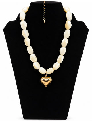 Ivory Beaded Gold Heart Necklace