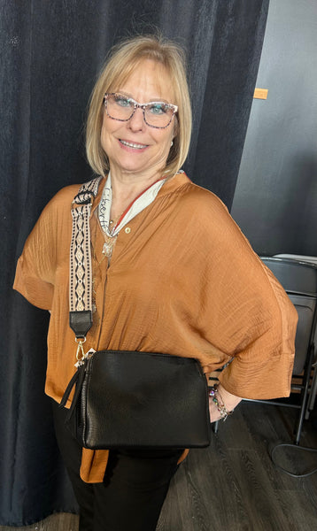 Three Compartment Faux Leather Crossbody Purse Guitar Strap Black