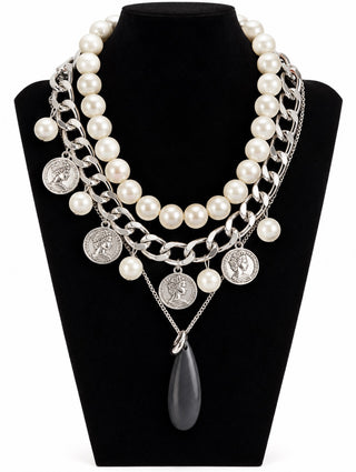 Set of 3 Layering Necklaces Pearls Silver Coins Teardrop Pendant