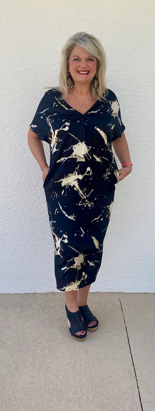 V neck Water Color Print Satin Dress