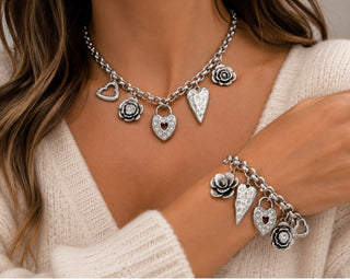 Antique Silver Heart & Rose Charm Necklace