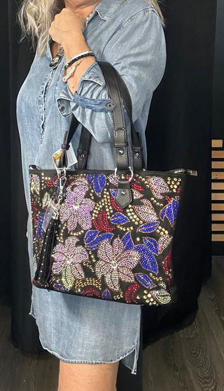 Faux Leather Floral Rhinestone Multi Color Tote Purse