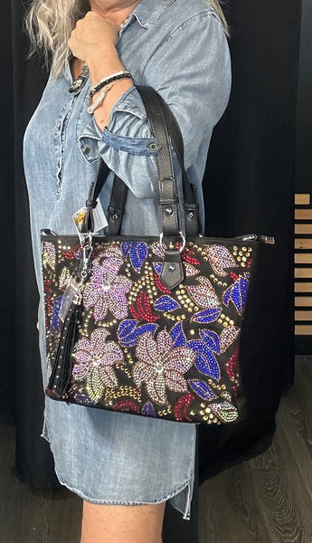 Faux Leather Floral Rhinestone Multi Color Tote Purse