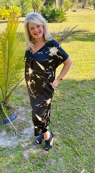 V neck Water Color Print Satin Dress