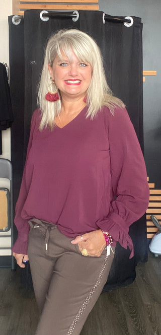 Long Sleeve V neck Top Shirt Plum