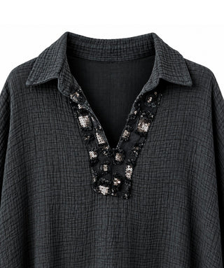 Made in Italy Sequin Trim High Lo Black Tunic Top