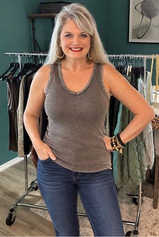 Made in Italy Washed Ribbed V neck Tank Top