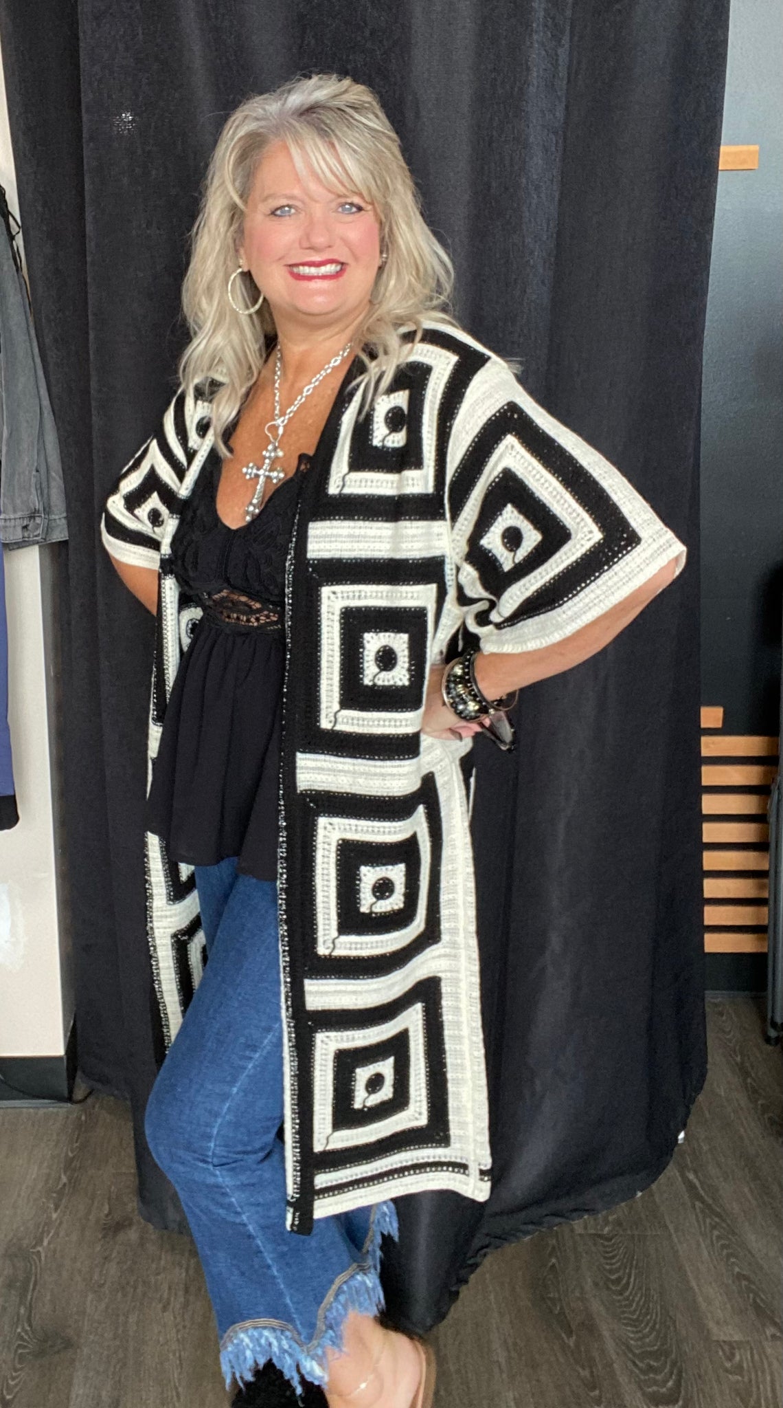 Midi Length Open Front Crochet Cardigan