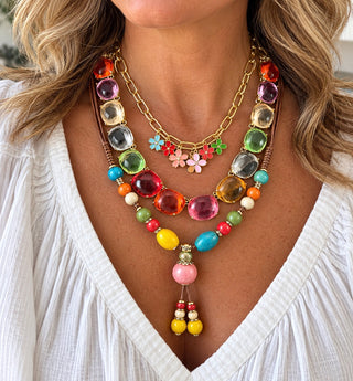 Colorful Layered Statement Necklace Set of 3 Boho Beaded Gemstone Floral Charm Necklace
