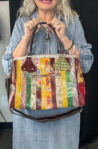 Genuine Leather Multi Color Patchwork Satchel Purse Animal Print Olive Green