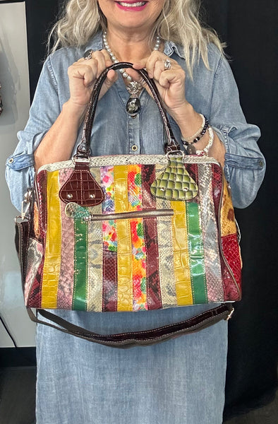 Genuine Leather Multi Color Patchwork Satchel Purse Animal Print Olive Green
