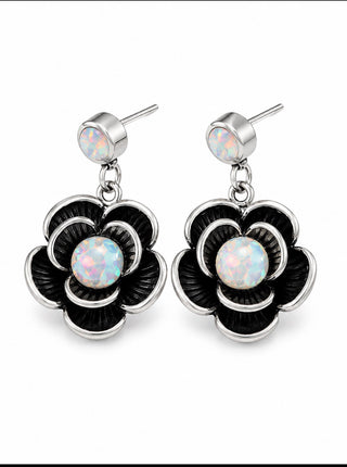 Antique Silver Black Floral Opal Drop Earring