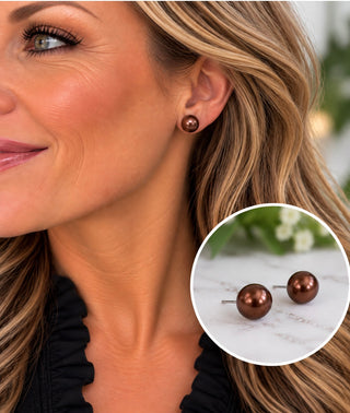 Chocolate Brown Faux Pearl Stud Earrings