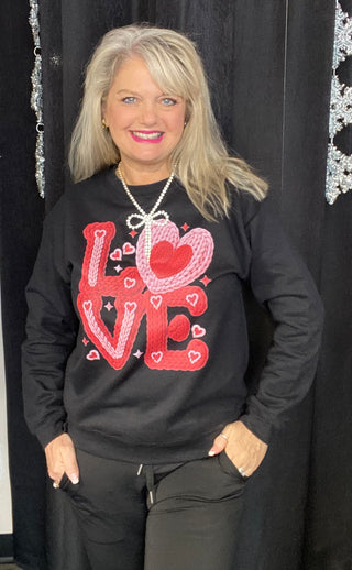 Black Faux Crochet Love Sweatshirt