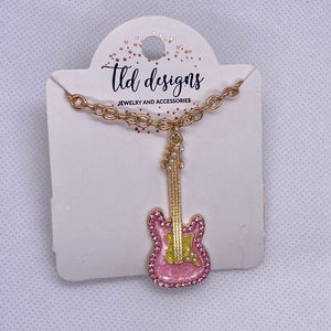 Pink Gold Rhinestone Guitar Faux Pearl Necklace