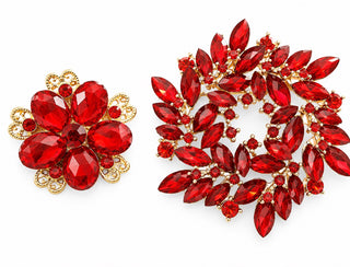 Ruby Red Rhinestone Statement Brooches Set of Two