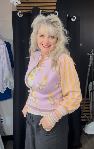 Floral Bomber Knit Cardigan Sweater