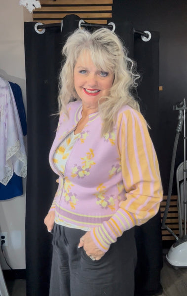 Floral Bomber Knit Cardigan Sweater