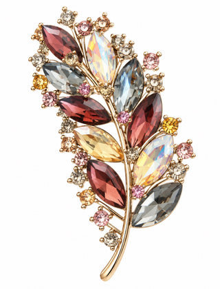 Multicolor Crystal Leaf Brooch Gold tone Statement Pin Pendant