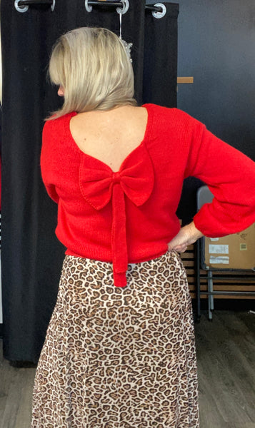 Red Bubble Sleeve Backless Bow Sweater