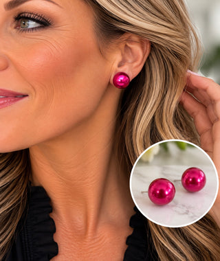Raspberry Pink X Large Faux Pearl Ball Stud Earrings