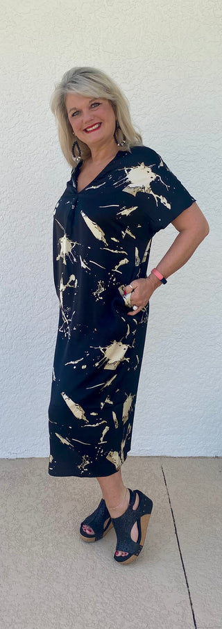 V neck Water Color Print Satin Dress