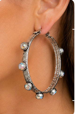 Clear AB Crystal Stone Hammered Hoop Earrings