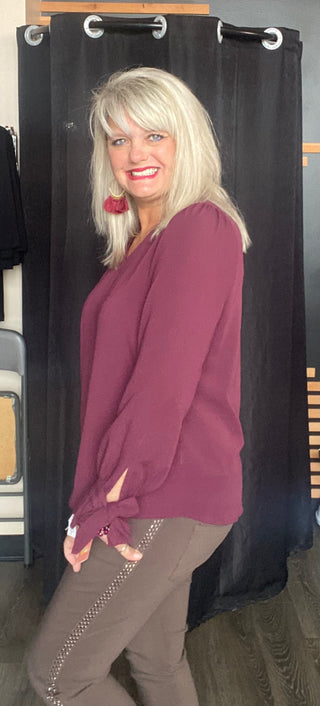 Long Sleeve V neck Top Shirt Plum