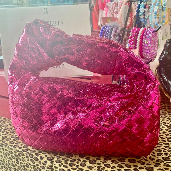 Woven Fuschia Vegan Leather knotted Hobo Bag Purse