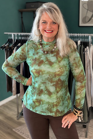 Green Marble Mock Neck Mesh Top
